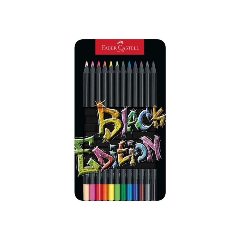 Boîte métal de 12 crayons de couleur - Faber-Castell Black Edition -  couleurs brillantes assorties
